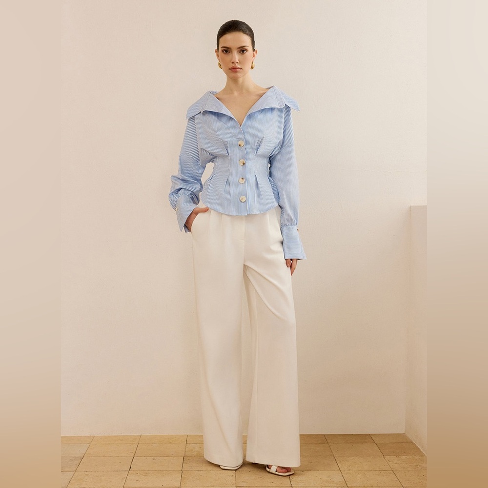 Commense Light Blue Striped Button Front Blouse